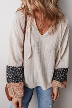 Load image into Gallery viewer, Floral Boho Textured Knit Drawstring V Neck Blouse