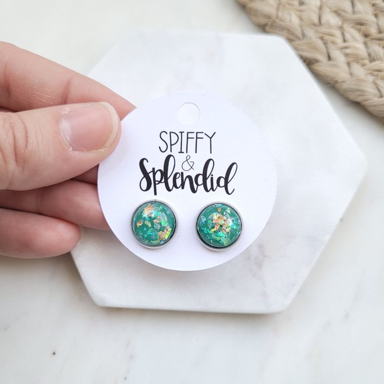 Emerald Green and Gold Flake Studs Notions a Good Life boutique