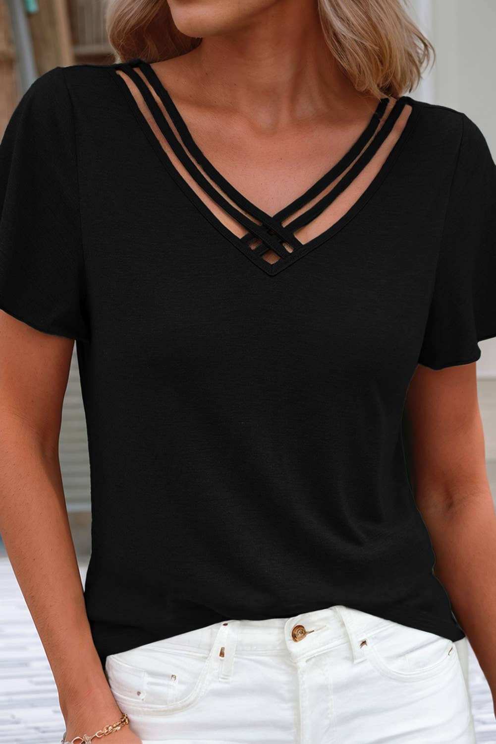 Solid Black Crisscross Neckline Top