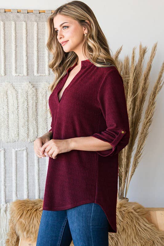 Heimish Roll-Up Sleeve Mandarin Collar Top – Burgundy