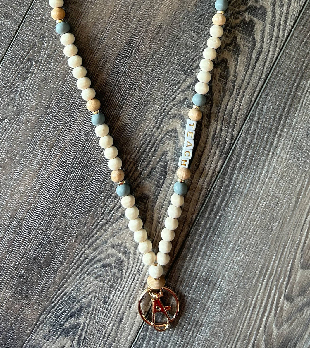 Teach Grey and Wood Beaded Lanyard with Breakaway Clasp