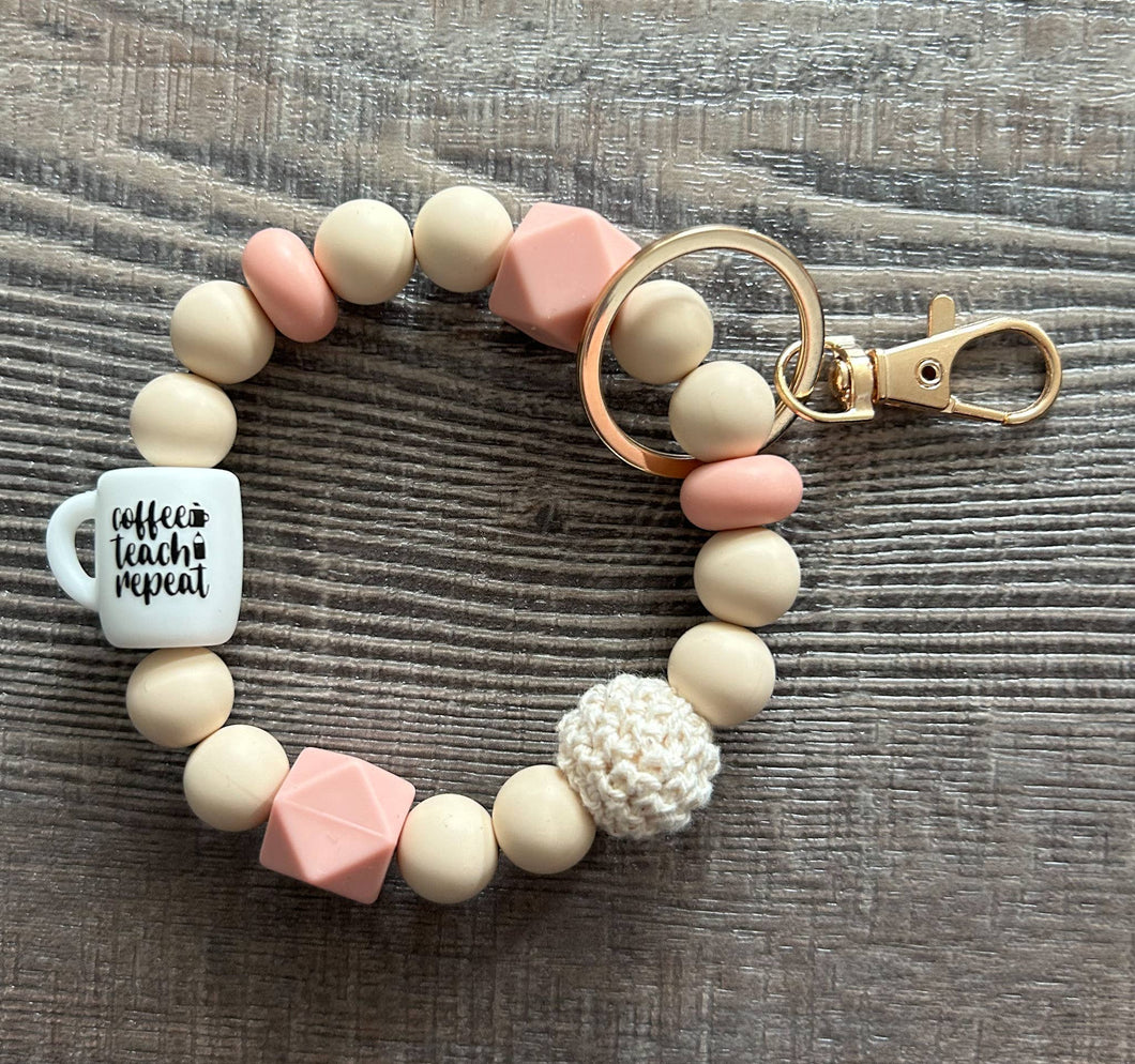 Coffee Teach Repeat Silicone Bead Wristlet Keychain