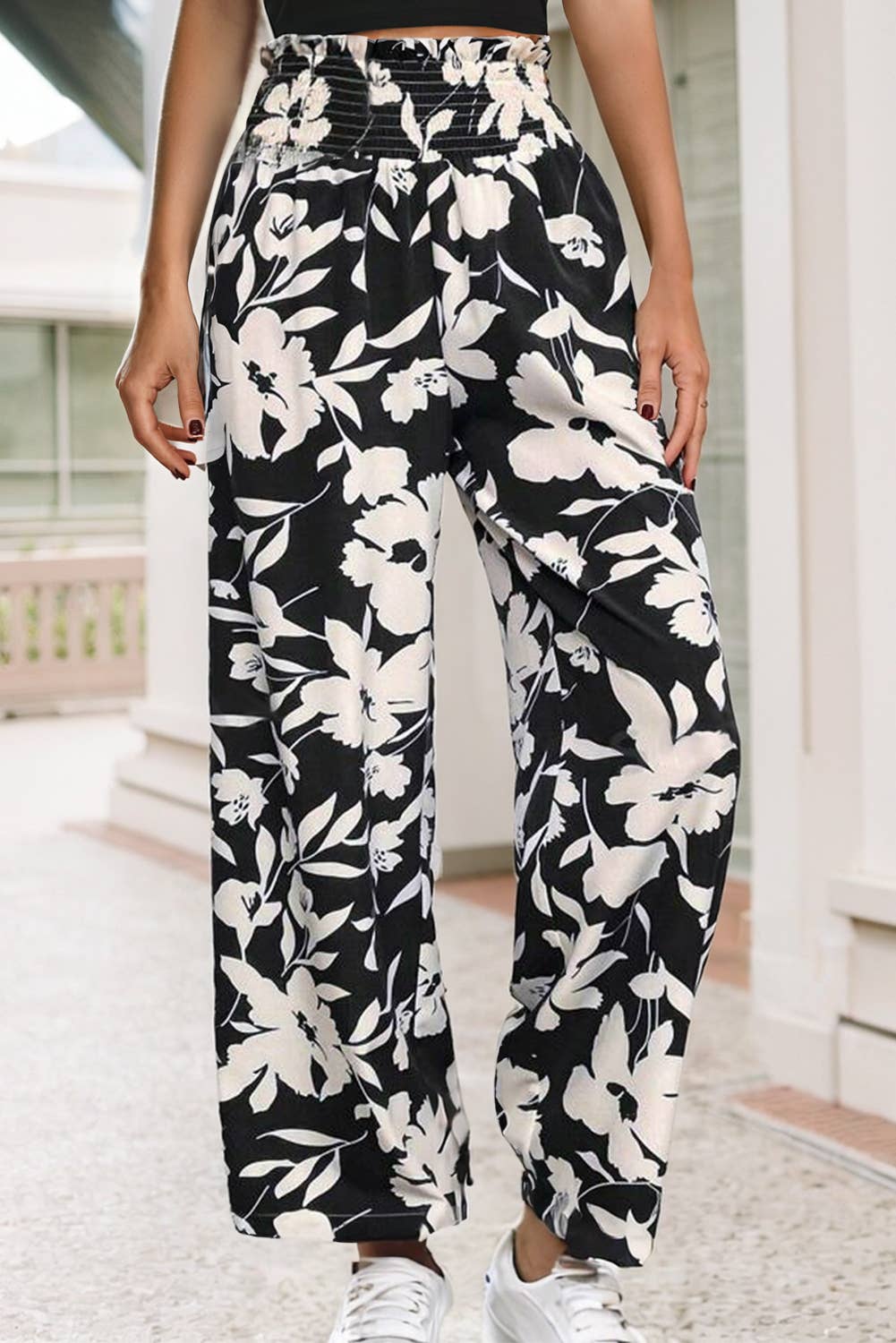 Black & White Floral Wide-Leg Pants