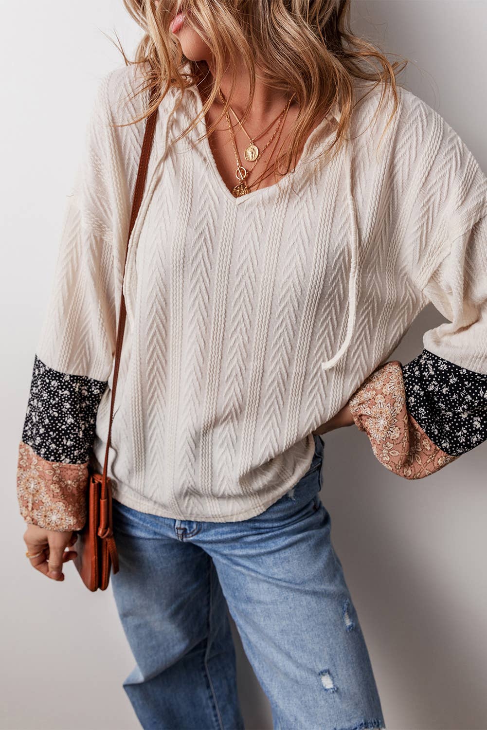 Floral Boho Textured Knit Drawstring V Neck Blouse
