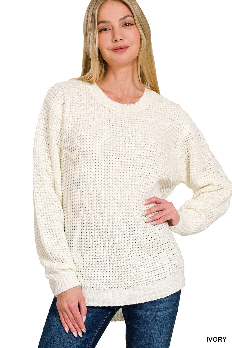 Hi-Low Long Sleeve Round Neck Waffle Sweater