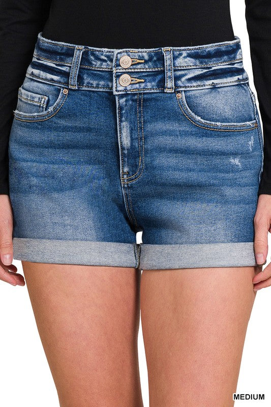 Cuffed Double Button Denim Shorts