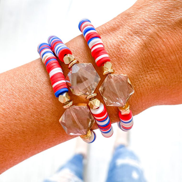 Single Red, White and Blue Crystal Bead Heishi Bracelet